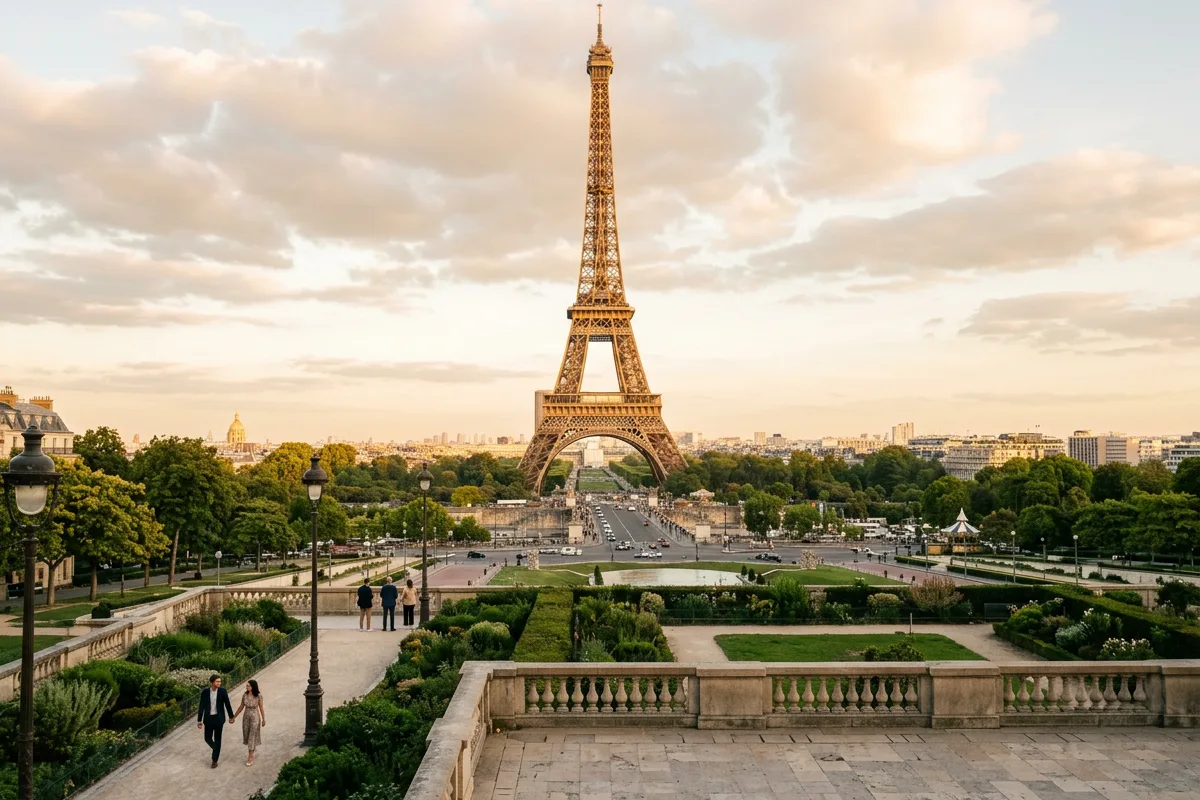 The Eiffel Tower seen across the Trocadero gardens in Paris