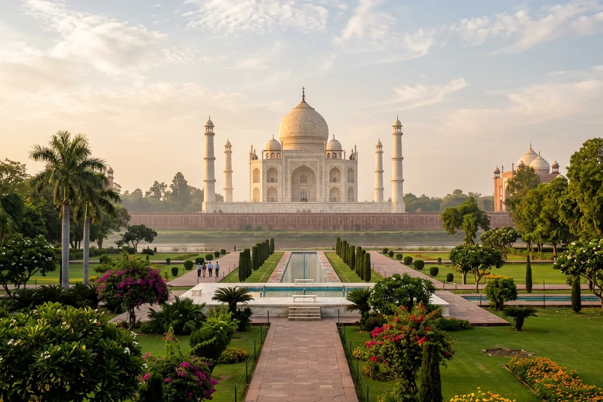 The Taj Mahal at the end of its formal water garden in Agra