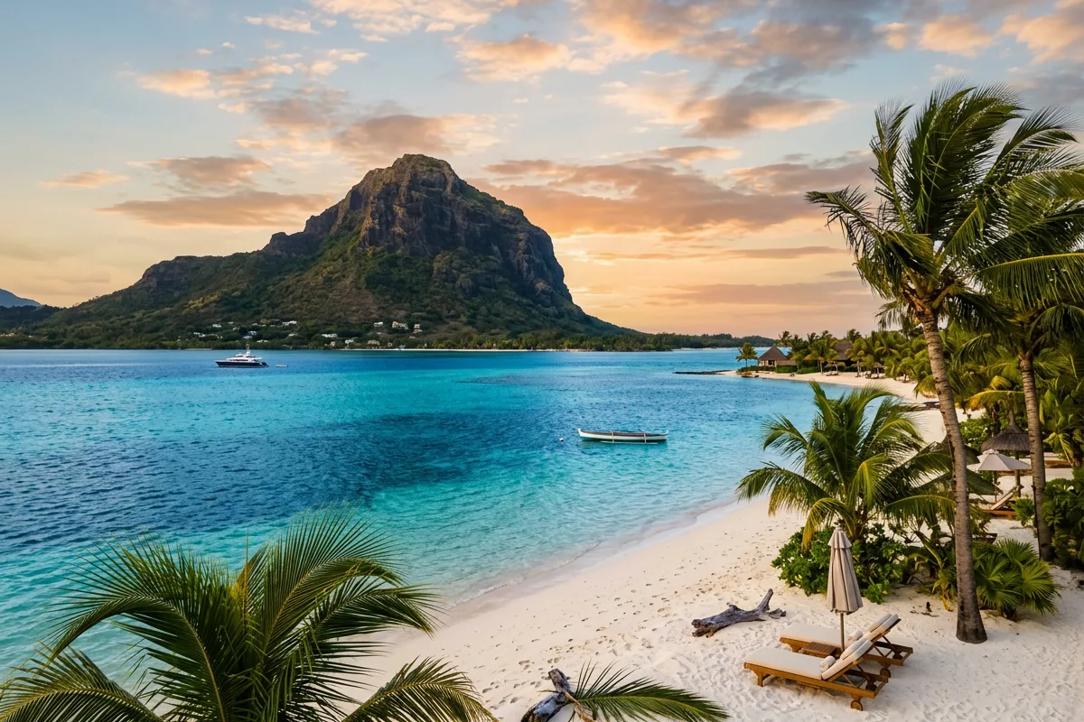 A white sand beach and turquoise lagoon below a green mountain in Mauritius