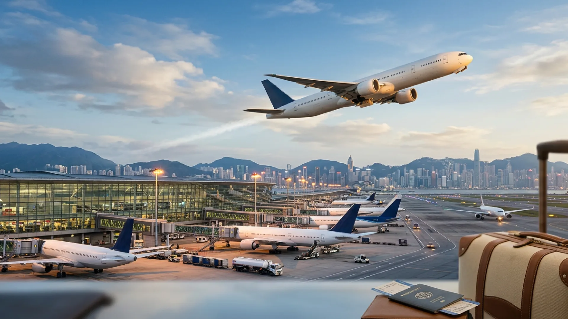 An aircraft climbing away over an airport terminal and city skyline, seen past a suitcase and passport on a windowsill