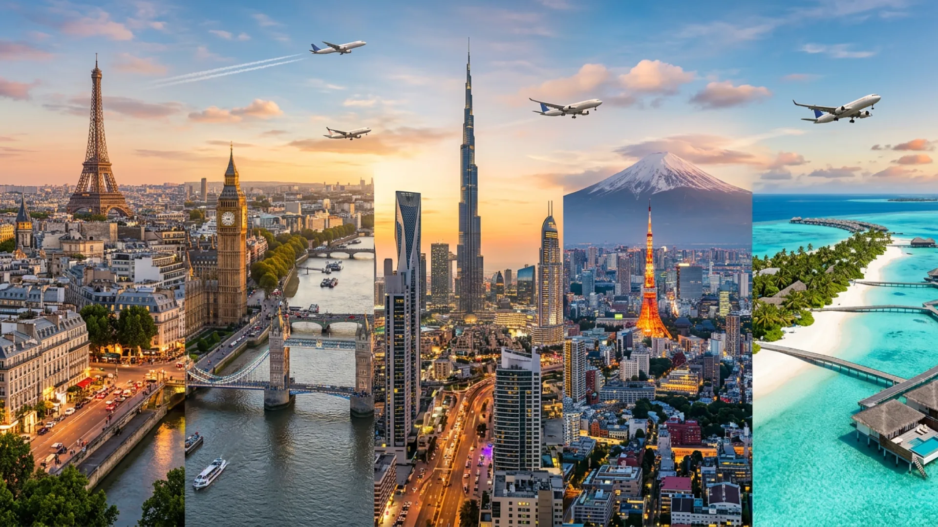 A montage of Paris, London, Dubai, Tokyo and the Maldives with aircraft crossing above them