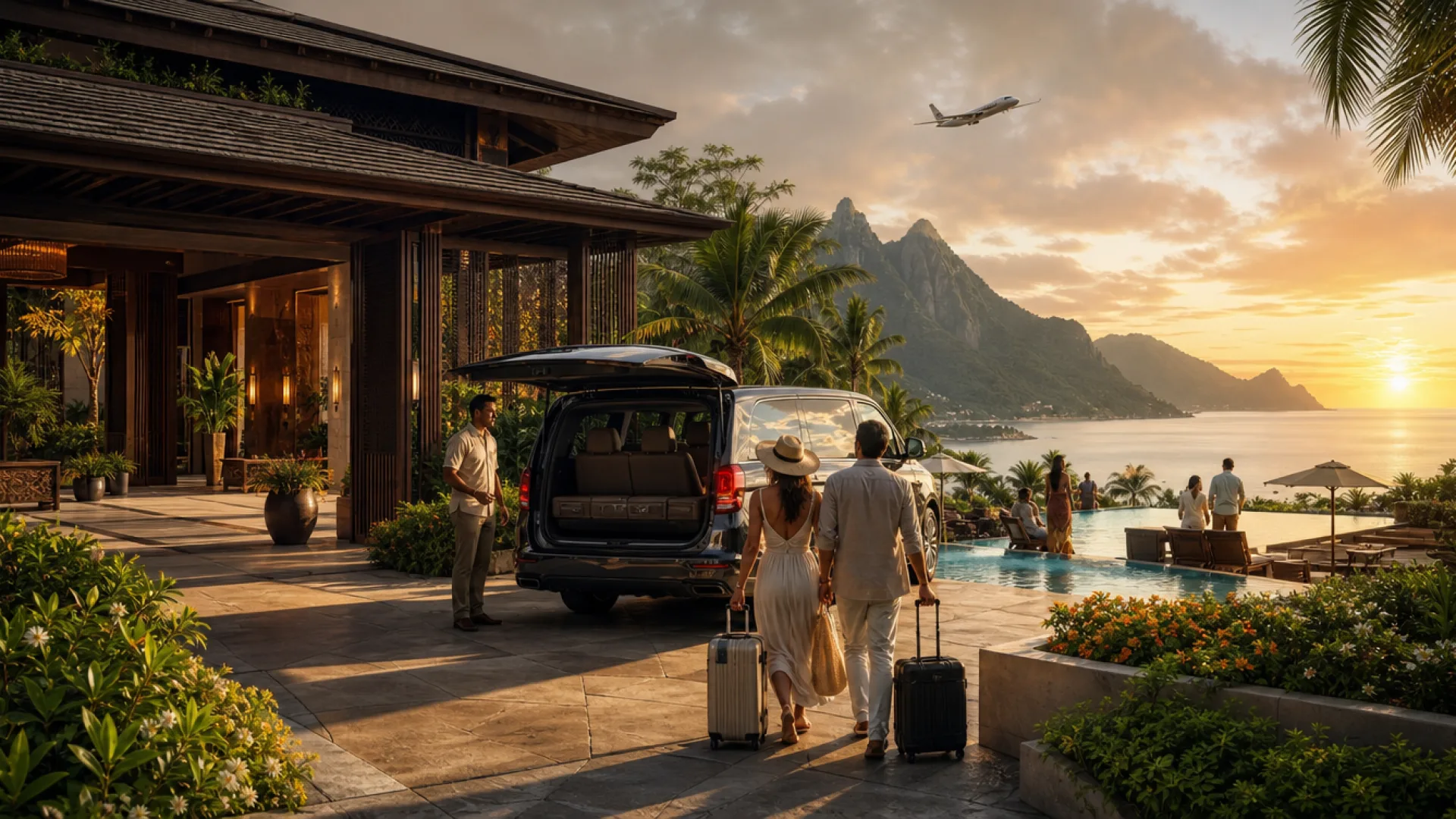A couple arriving at a resort with their luggage as a driver unloads the car, with an aircraft passing over the bay at sunset
