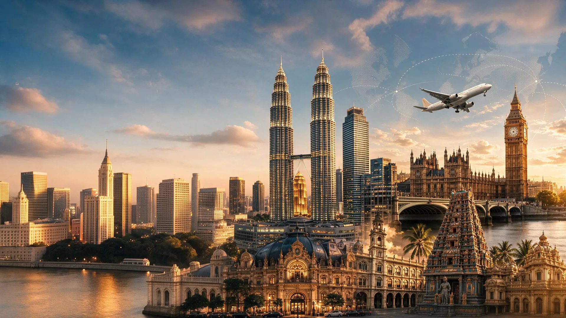 A montage of the Kuala Lumpur skyline, Big Ben and a South Indian temple gopuram beneath an aircraft tracing a flight path