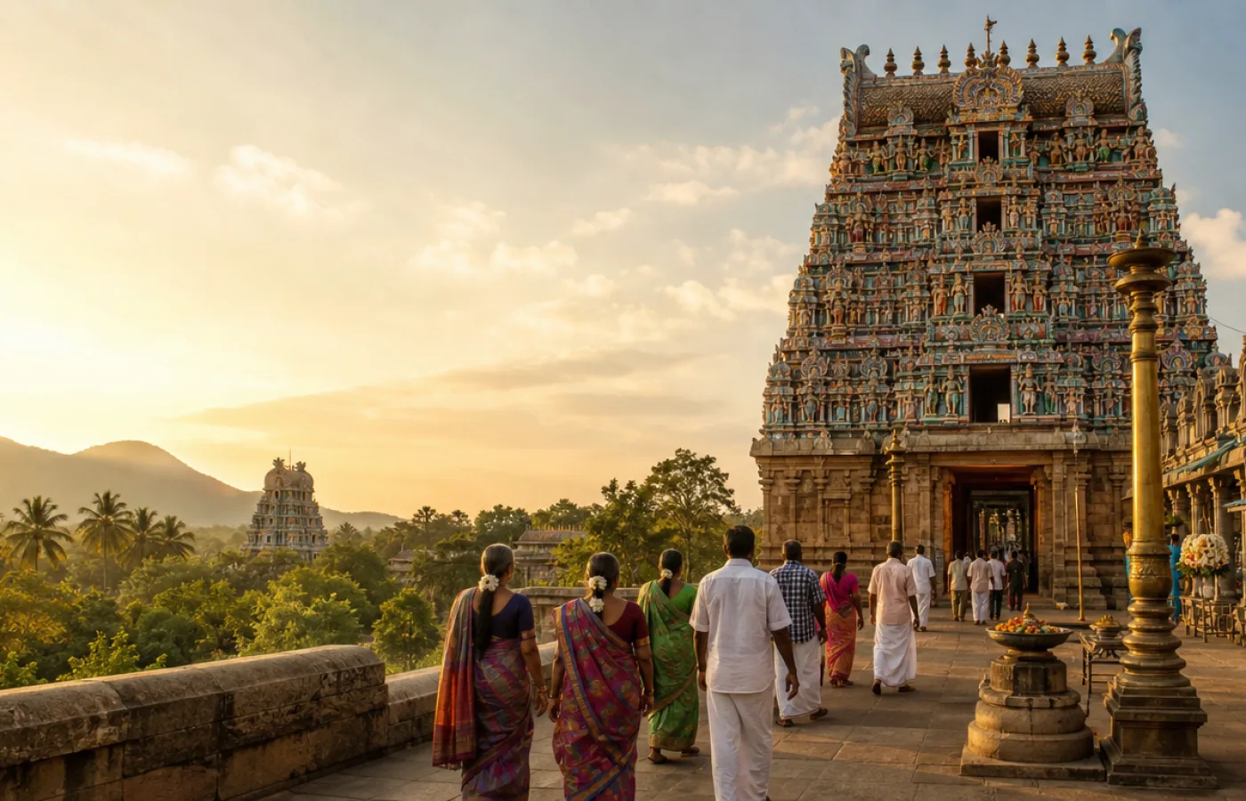 Devotees walking towards the carved gopuram of a Murugan temple in Tamil Nadu at sunrise