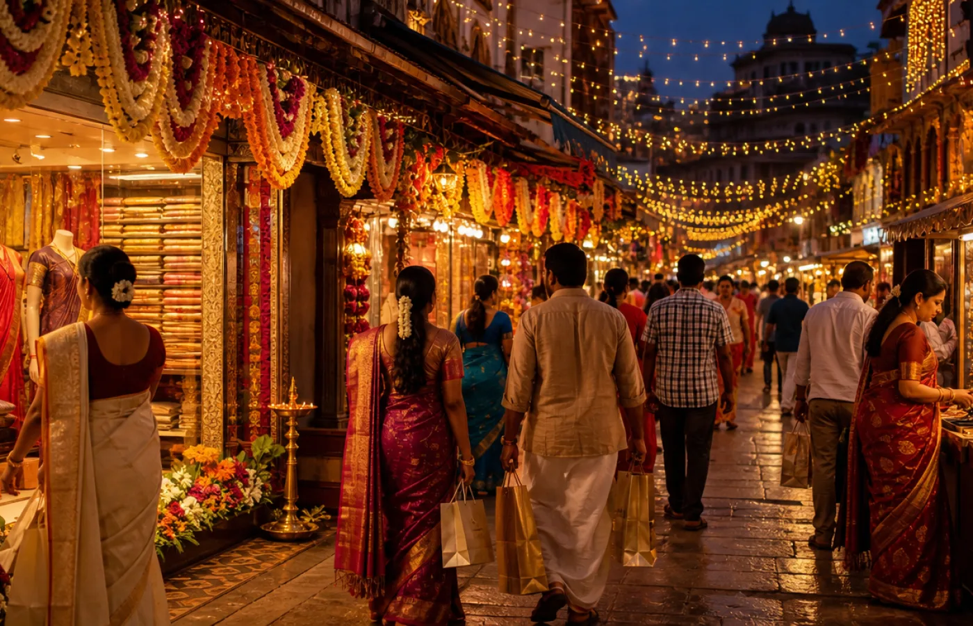 Shoppers carrying bags past sari shops hung with garlands and festival lights in Chennai