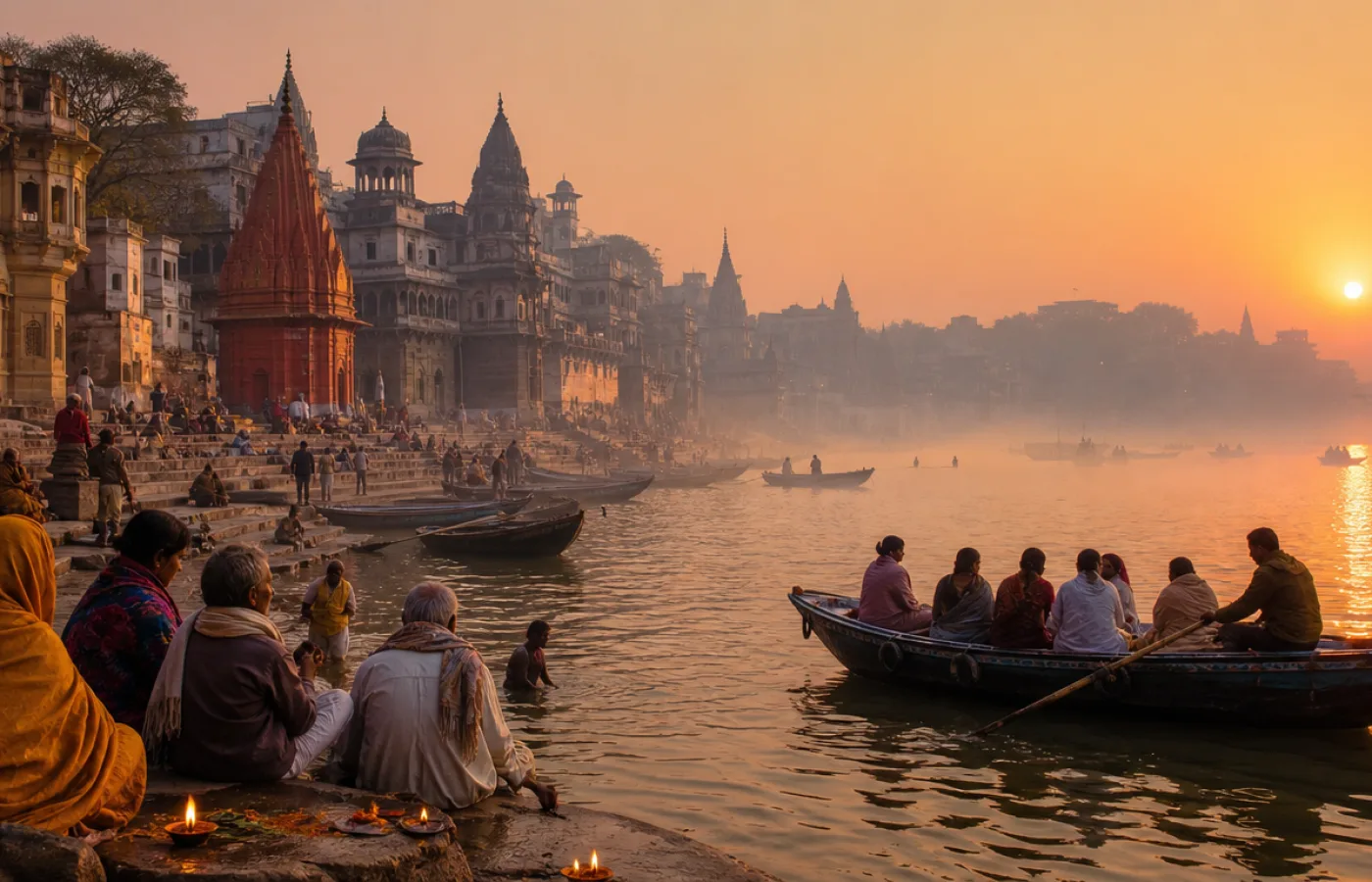 Pilgrims and rowing boats on the Ganges at the Varanasi ghats at sunrise, with oil lamps lit on the steps