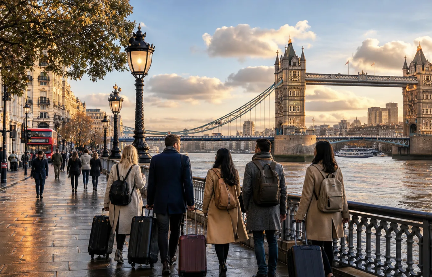 Travellers with suitcases on the Thames embankment looking towards Tower Bridge