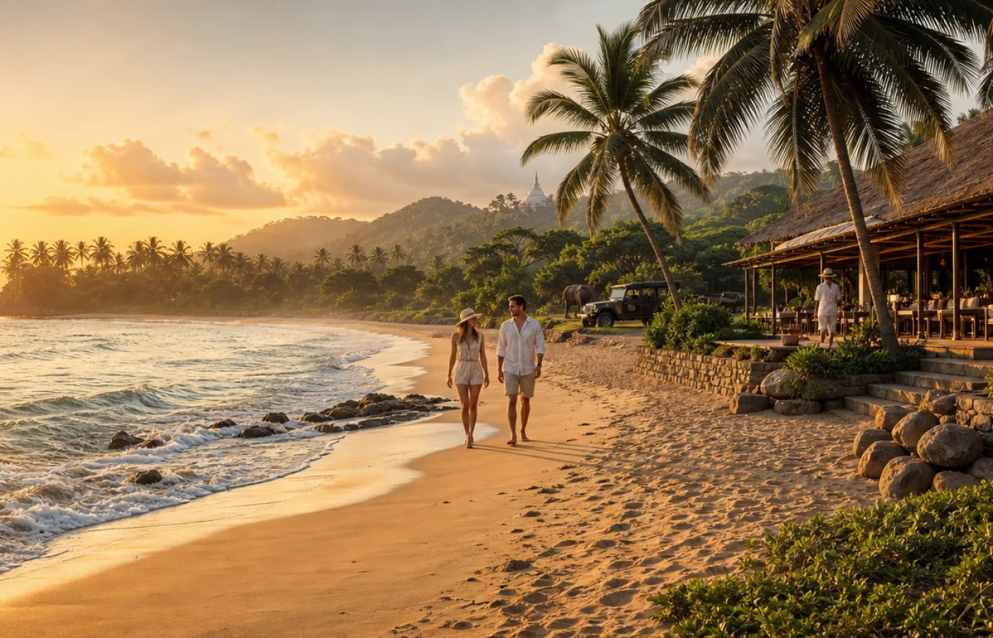 A couple walking along a palm-fringed beach past a beachfront restaurant in Sri Lanka at sunset