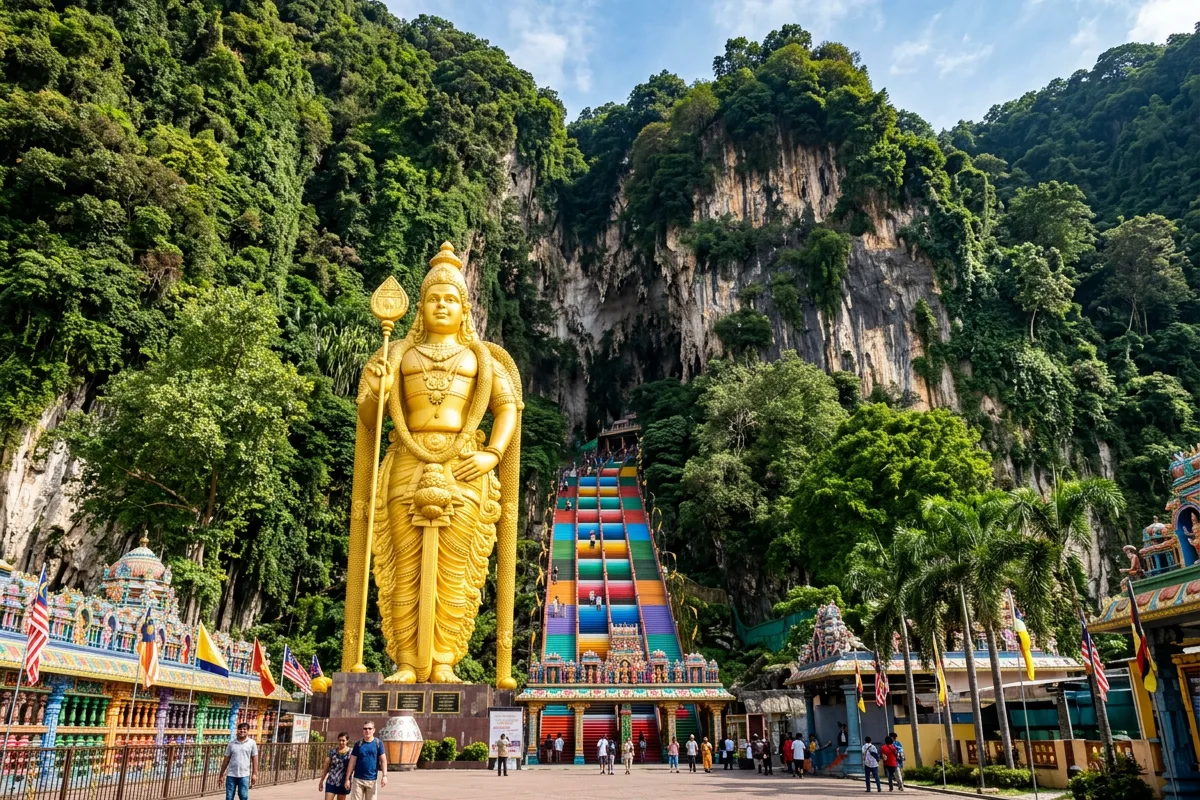The gold Lord Murugan statue beside the coloured steps at Batu Caves
