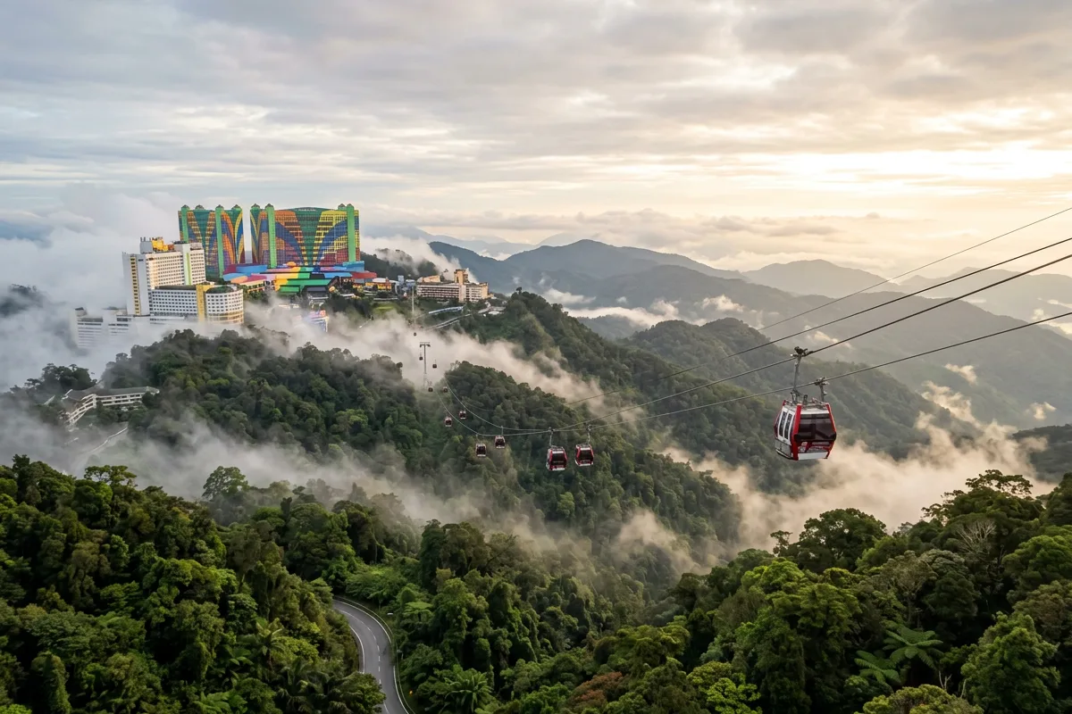 Cable cars rising through cloud towards the hilltop resort at Genting Highlands