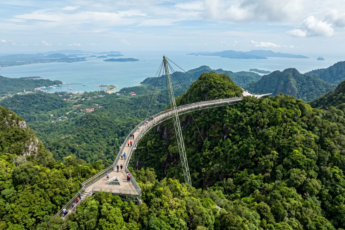 The curved Sky Bridge spanning forested peaks above the sea at Langkawi