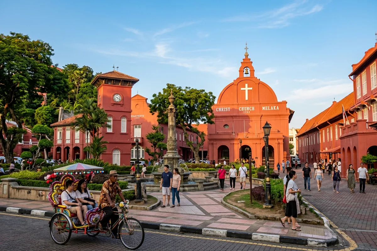 The red Christ Church and Dutch Square in Malacca with a decorated trishaw