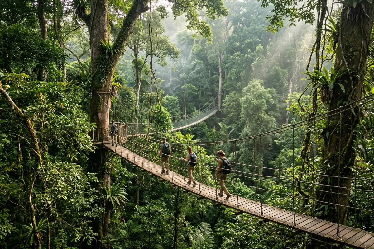 Walkers crossing the rope canopy walkway high in the rainforest at Taman Negara