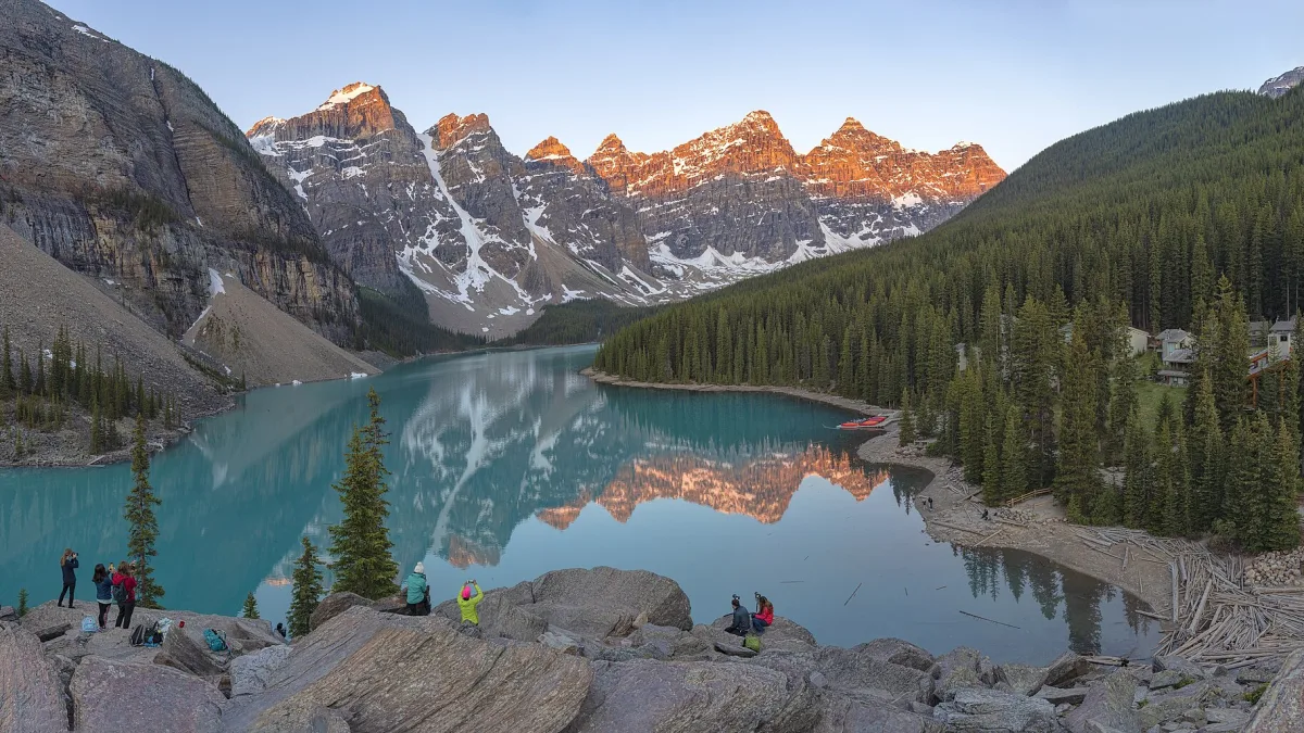 Moraine Lake in Banff National Park, turquoise water below the Valley of the Ten Peaks