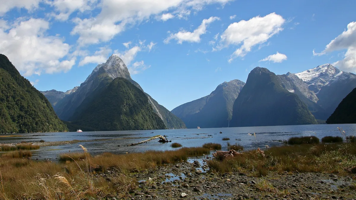 Mitre Peak rising from the water at Milford Sound in Fiordland