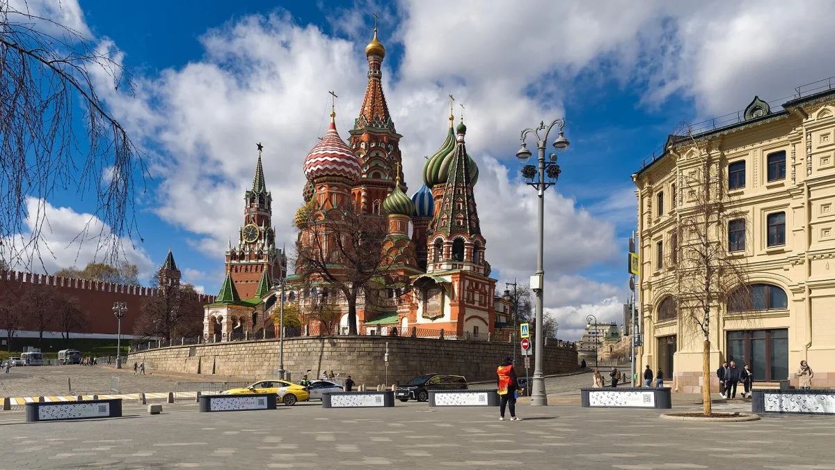 The coloured onion domes of Saint Basil's Cathedral on Red Square, Moscow